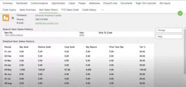 Sage CRM Item Sales History