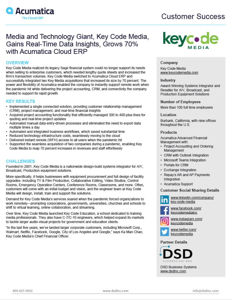 Media and Technology Giant, Key Code Media, Gains Real-Time Data Insights, Grows 70% with Acumatica Cloud ERP
