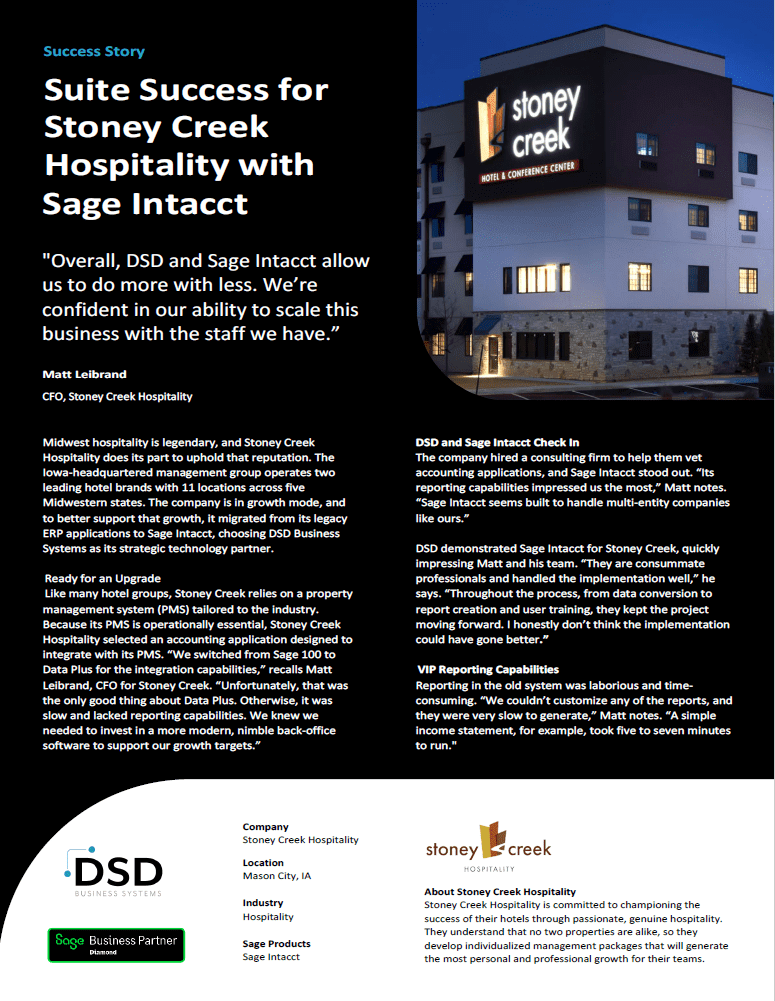 Sage 100 to Sage Intacct Success Story: Stoney Creek Hospitality